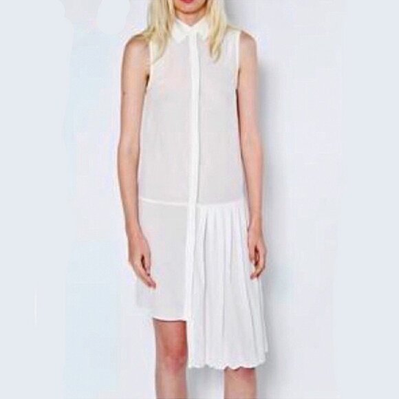 OAK NYC 'LA MIRADA' ASYMMETRICAL KNIFE PLEAT BUTTON FRONT SLEEVELESS SHIRT DRESS - Picture 5 of 7